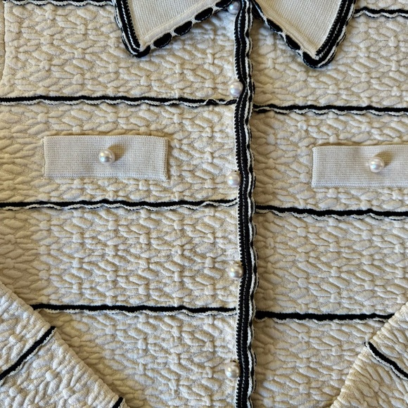 Sandro Cropped Jacket, Cream with Black Stripe and Pearl Buttons. Large. New. - Picture 11 of 15